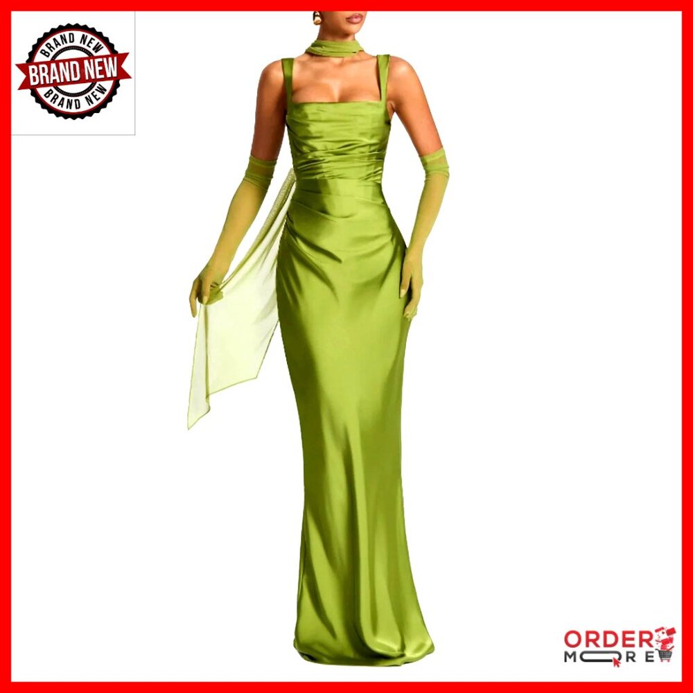 Satin Corset Maxi Dress Elegant Formal Evening Gown With Sheer Scarf